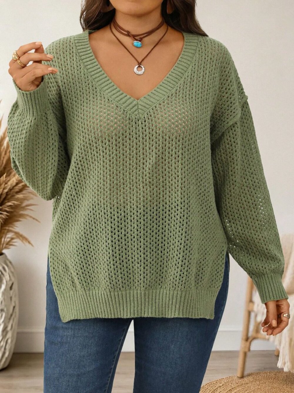 Green Casual Women's Plus Size Loose Hollow V-Neck Drop Shoulder Sweater - Picture 3 of 7